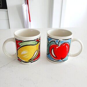 Vintage Gibson 90s Lemon Apple Fruit Print Novelty Country Kitchen Coffee Mugs